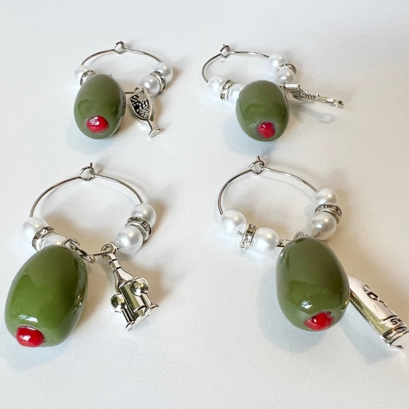 Green Olive Wine Glass Charms – Set of 4 | Martini Party Stemware Markers - Picture 11 of 12